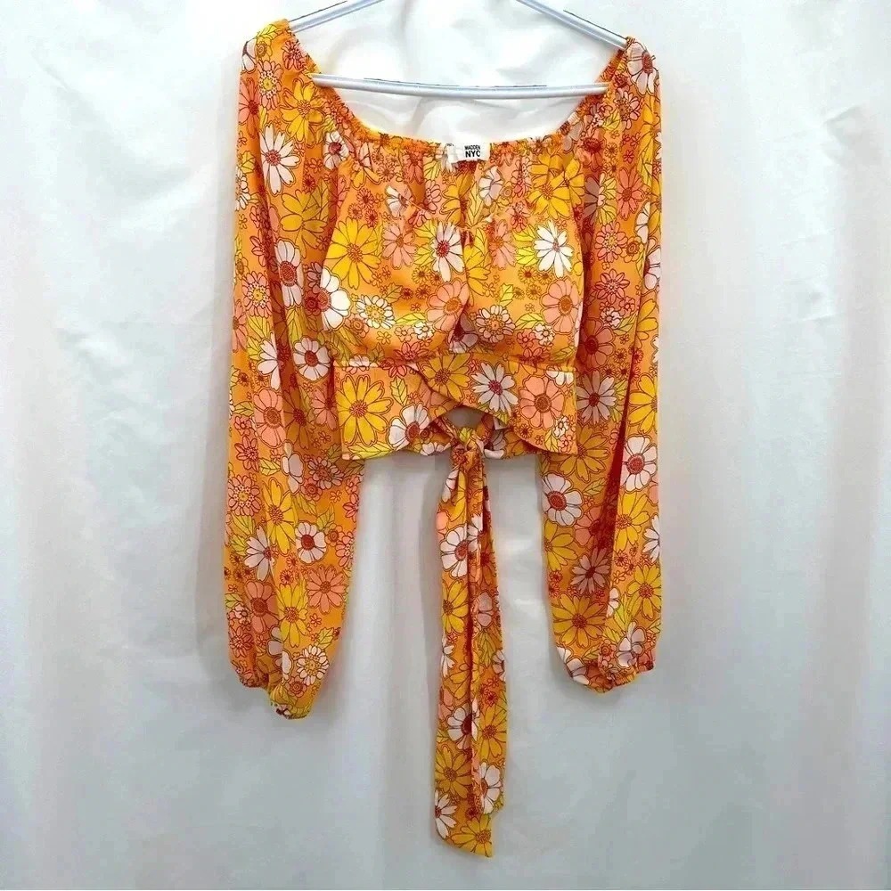 Madden NYC Crop Top Womens‎ XL Orange Floral Retro 70s Tie Front Long Sleeve